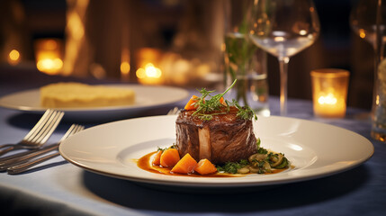 Delicious gourmet meal being served in a high-end restaurant, with an elegant table setting