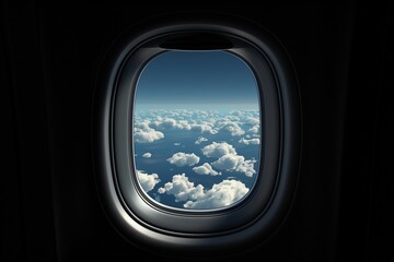The view from an airplane window of the wing of the plane flying above clouds with a blue sky and sunlight in the background