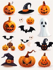 A collection of Halloween pumpkins and ghosts