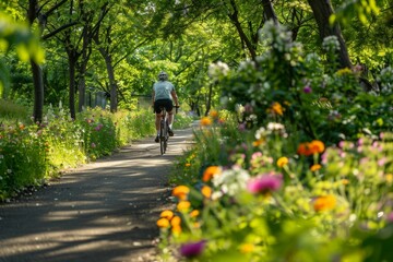 Obraz premium Explore a Peaceful Park Scene with Bicycle and Blooming Flowers. Outdoor serenity concept
