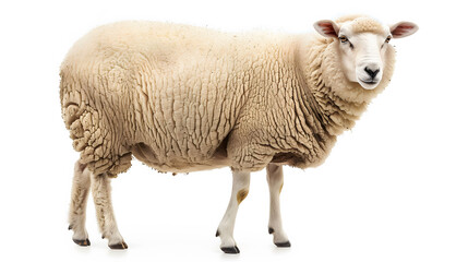 Obraz premium Single sheep isolated on white background. Detailed portrait of a domestic farm animal.