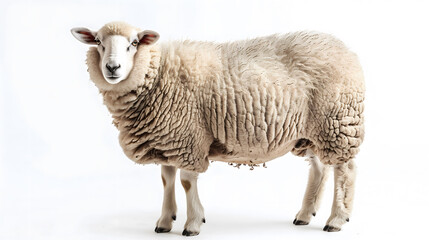 Isolated sheep on white background. Detailed and fluffy farm animal portrait.