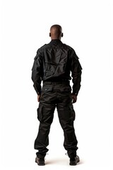 A person wearing a black uniform stands with their back to the camera, profile view