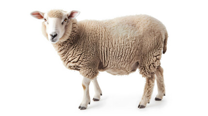 Single sheep isolated on white background. Detailed portrait of a domestic farm animal.