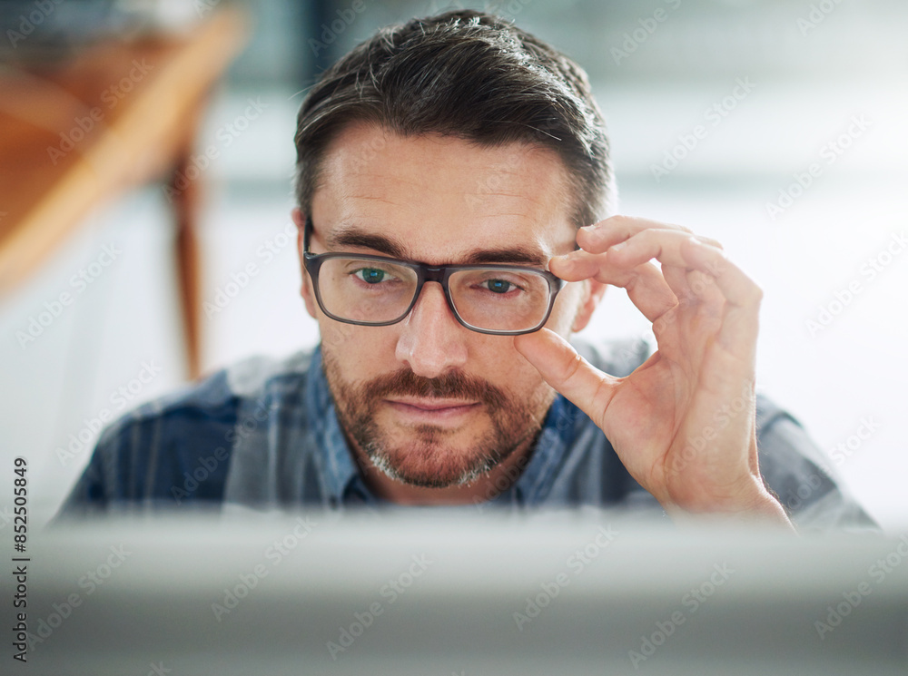 Aufkleber glasses, man and computer in office for reading, typing and research in workplace. businessman, star