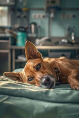 A brown dog is lying on the top of a bed, possibly in a bedroom or home setting