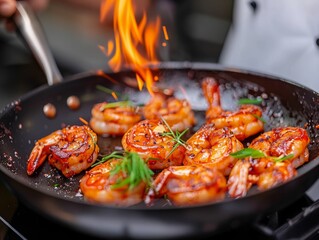 Close Up Of Shrimp Sizzling In A Pan.