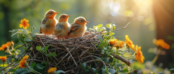 Capture a scene of baby returning to their nests with twigs and grass, preparing for the spring nesting season, engaging with the signs of spring for the first time