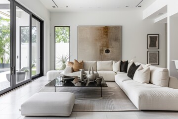 A wide-angle shot capturing a modern living room with minimalist decor, featuring a white sectional sofa, a glass coffee table, and abstract artwork