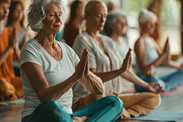 A group of seniors participates in a yoga class, focusing on meditation techniques in a studio setting - Powered by Adobe