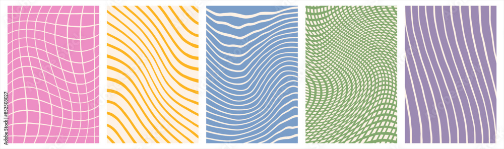 Poster hand drawn geometric funky groovy backgrounds set. distorted check, mesh patterns, curved uneven str