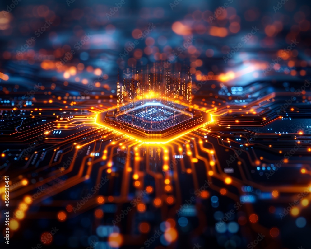 Poster close-up of a glowing computer microchip on a printed circuit board, illustrating advanced technolog