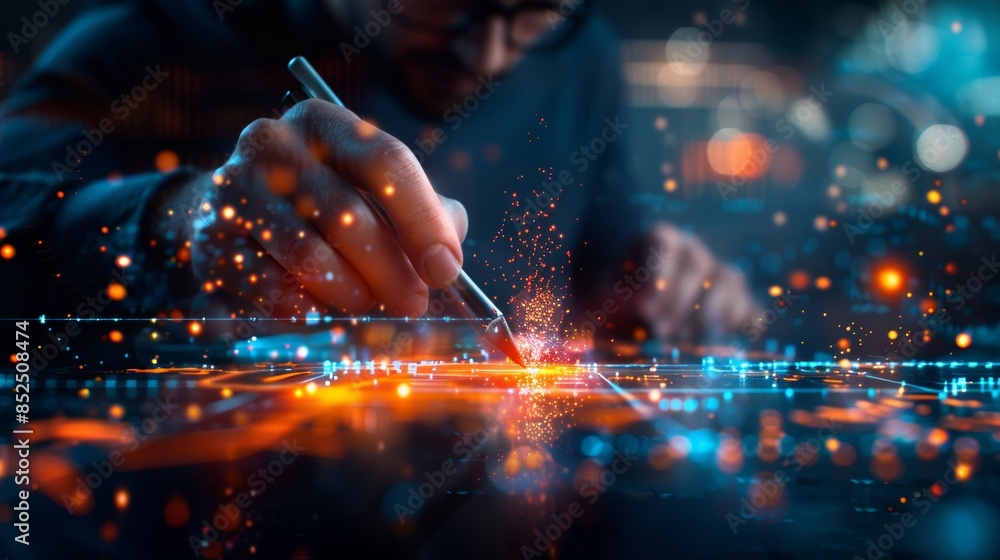 Poster close-up of a hand using a stylus on a digital tablet with a vibrant, futuristic interface and glowi