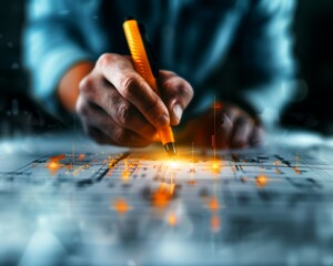 Close-up of a hand holding a glowing orange pen, drafting architectural plans with a futuristic touch on a digital interface.