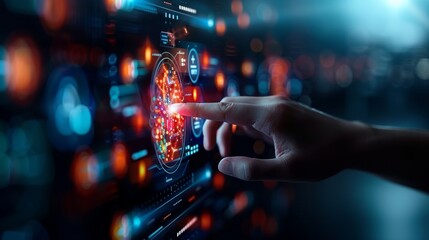 Close-up of a hand interacting with a futuristic digital interface on a touchscreen displaying complex data and visualizations.