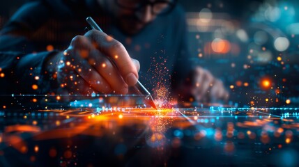 Close-up of a hand using a stylus on a digital tablet with a vibrant, futuristic interface and glowing lights.