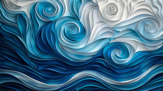 Blue-hued abstract sculptural embossment featuring textured backgrounds, harmonious coloration, and high-resolution by Sophie Wilkins.