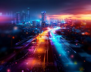 Naklejka premium Futuristic cityscape with neon lights, vibrant colors, and a dynamic, high-tech urban environment at dusk or night.