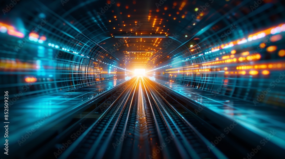 Poster futuristic tunnel with bright lights and fast moving lines, depicting speed and technology advanceme