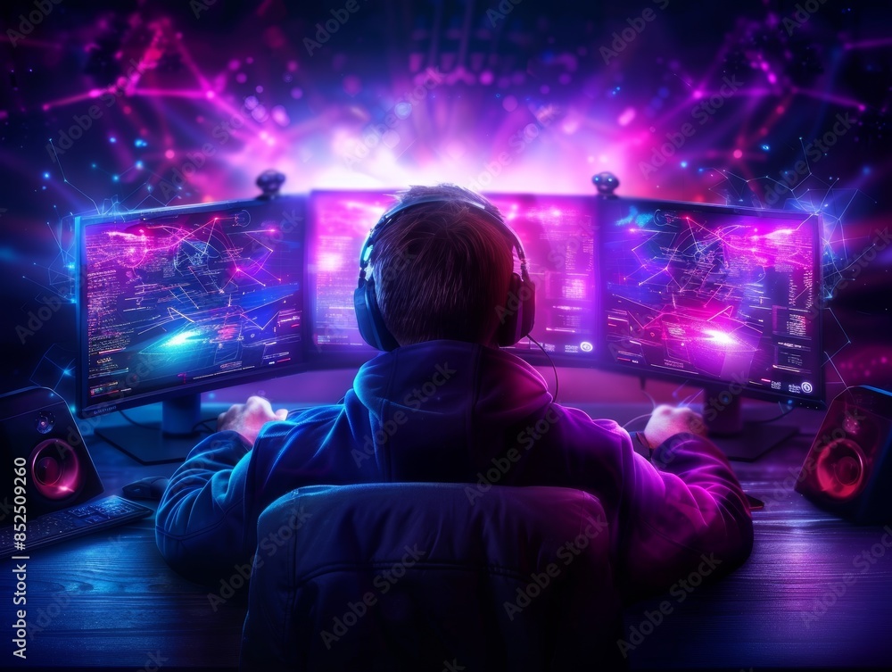 Aufkleber gamer immersed in virtual world with multiple screens and neon lighting. advanced setup with glowing