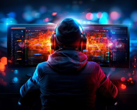Gamer immersed in a digital world, playing on a high-tech setup with vibrant neon lights and advanced technology. Gaming environment.