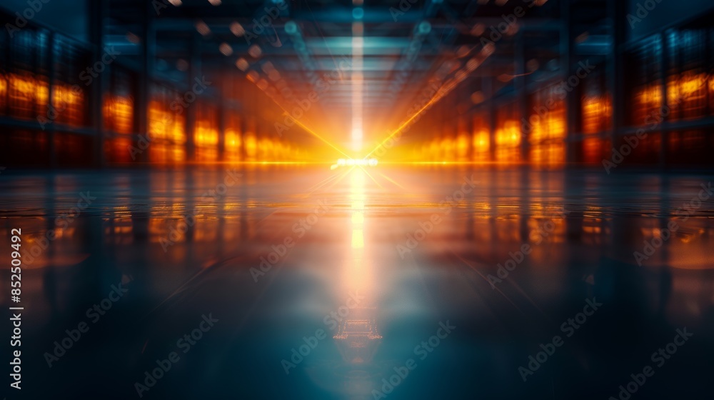 Poster abstract futuristic corridor with glowing lights and reflective surfaces, creating a mesmerizing sci