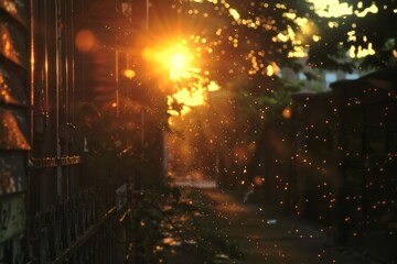 Naklejka premium A vibrant and enchanting illustration of the summer solstice, capturing the longest day of the year with a radiant sun at its peak, surrounded by lush greenery, blooming flowers