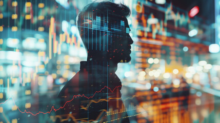 Fototapeta premium An artistic double exposure of a financier in thought, combined with images of currency, stocks, and global maps, conveying global finance and trade. 