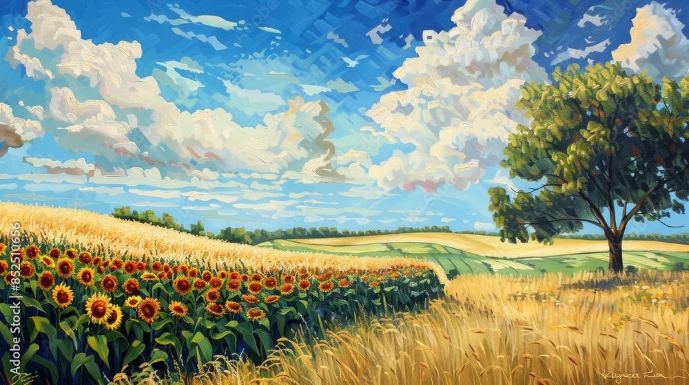 Poster corn in bloom in farm field with trees wheat fields and sunflowers in the backdrop