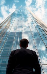 Fototapeta premium Low angle view of businessman standing against modern glass office building