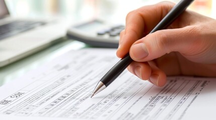 Signing Business Contract - Hand Holding Pen over Document with Laptop and Calculator in Background