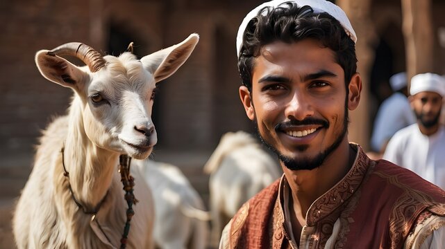 Goat with a young Muslim man in the background during Eid ul Azha