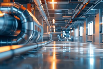 Fototapeta premium A scene depicting a building ventilation system with air conditioning equipment and ducted air systems, focusing on air quality management and efficient air distribution throughout the building