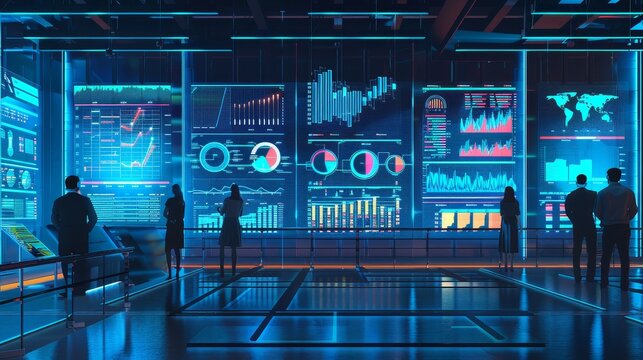 A high-tech business environment with professionals analyzing real-time data on multiple screens, concept of data-driven insights in the information economy and the growing importance of big data