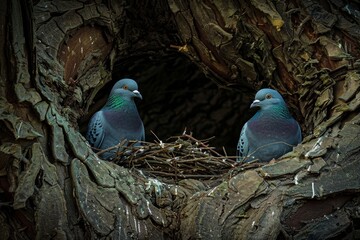 A pair of pigeons building a nest together in a large tree, representing cooperation and loyalty in their bond