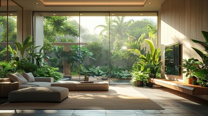 Contemporary Living Area with Panoramic Windows and Lush Indoor Plants