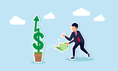  Investment and business growth lead to stock market profits and increased earning, concept of A successful businessman waters a dollar sign plant growing up a graph