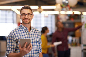 Portrait, smile and business man with tablet for research, email or project in startup. Face,...