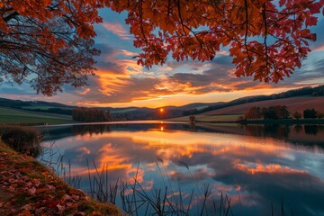 A stunning sunset over rolling hills, framed by autumn foliage, with the golden light reflected in the calm water of a lake