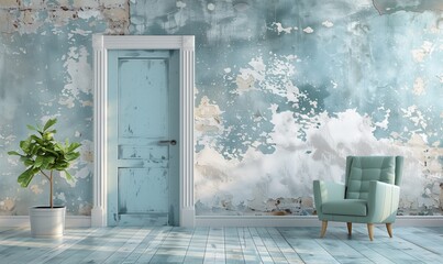Interior vintage design with stylish vintage chair on light blue wall. Elegant decor with copy space