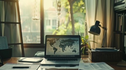 Global Investment Concept - Modern Desk Setup with Laptop, Financial Documents, and World Map Background