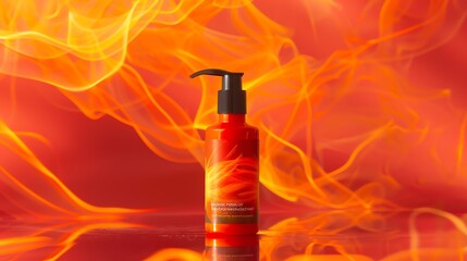A bottle of heat protectant spray with a vibrant label, set against a fiery backdrop