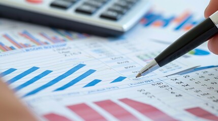 Business Analysis and Calculation Concept: Hand Holding Pen over Financial Report with Calculator and Laptop in Background