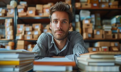 Young caucasian man working in the delivery office with boxes background, ecommerce business