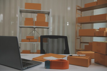 Portrait of young business asian woman online working in office desk use computer copyspace. Success business people employee, freelance SME online marketing work at home, coworking space concept