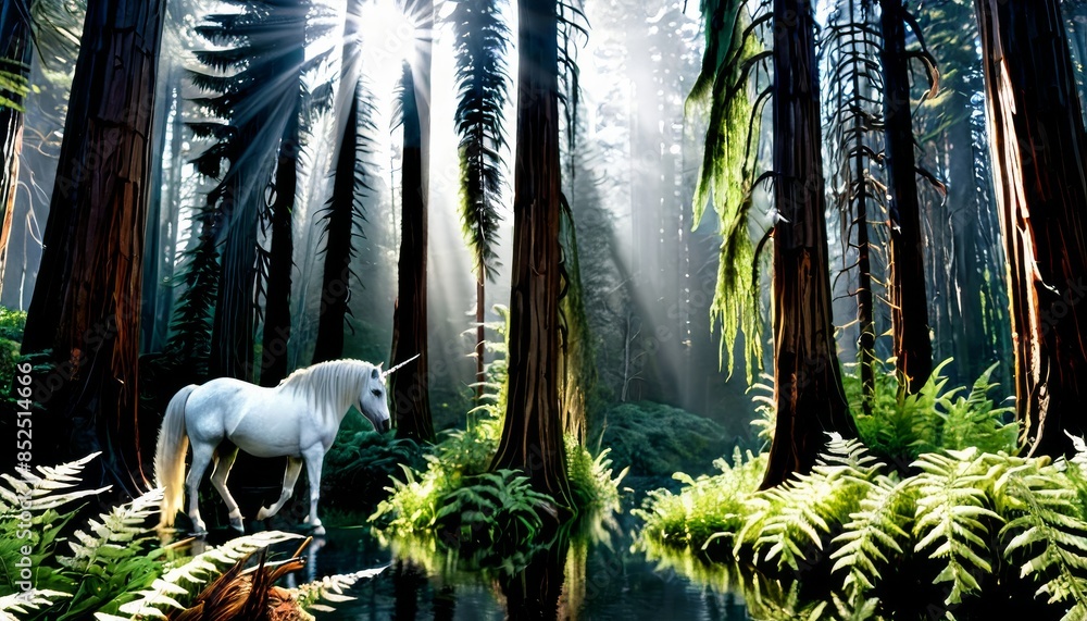 Poster a serene white unicorn stands by a stream in a mystical forest, bathed in sunlight filtering through