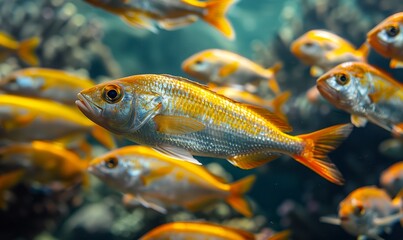 Fototapeta premium Underwater scene with reef and colony tropical yellow gold fishes. Snorkeling in the tropical sea