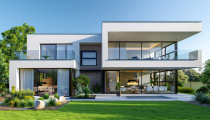 modern white house with large windows and terrace. luxury modern family home exterior design