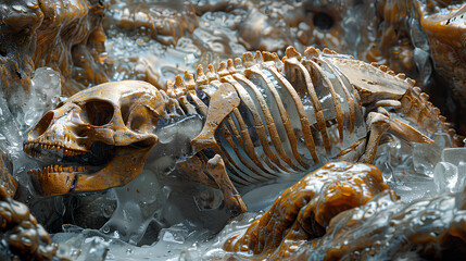 the skeletal remains of ancient creatures frozen in ice