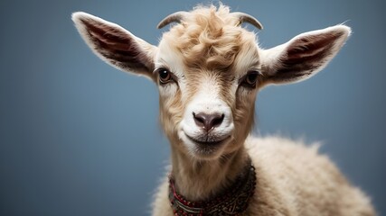 Obraz premium newborn goat stands against a plain background and faces the camera during Eid Ul Azha, a ritual sacrifice.